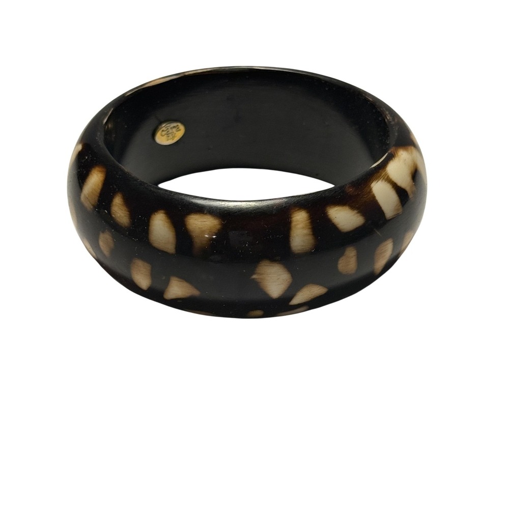 Cara NY Chunky Bangle Bracelet Black Resin 8 Inch Cream Inlay Boho Statement